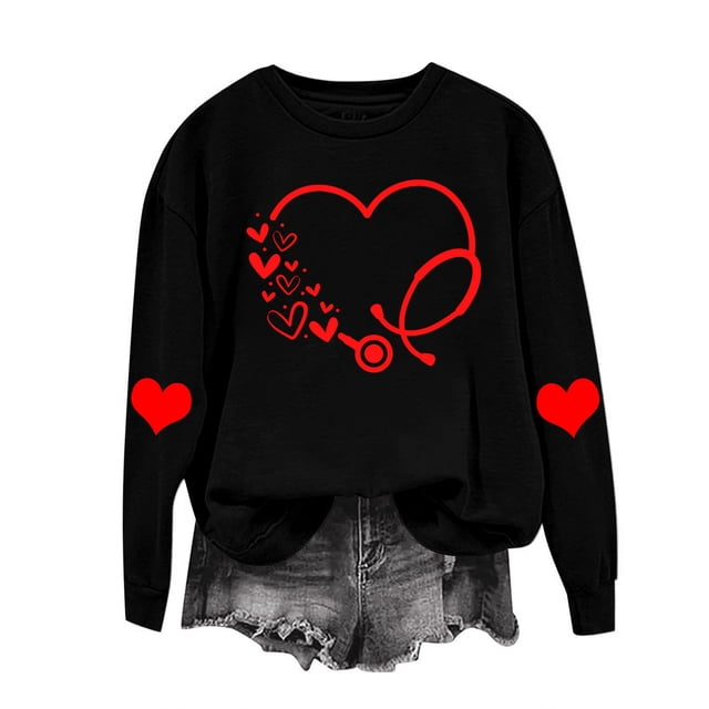 RKSTN Chandail pour Femmes 2024 Saint-Valentin Cœur d'Amour Imprimé Chandail Uni Col Rond Manches Longues Coupe Ample Blouse Hauts