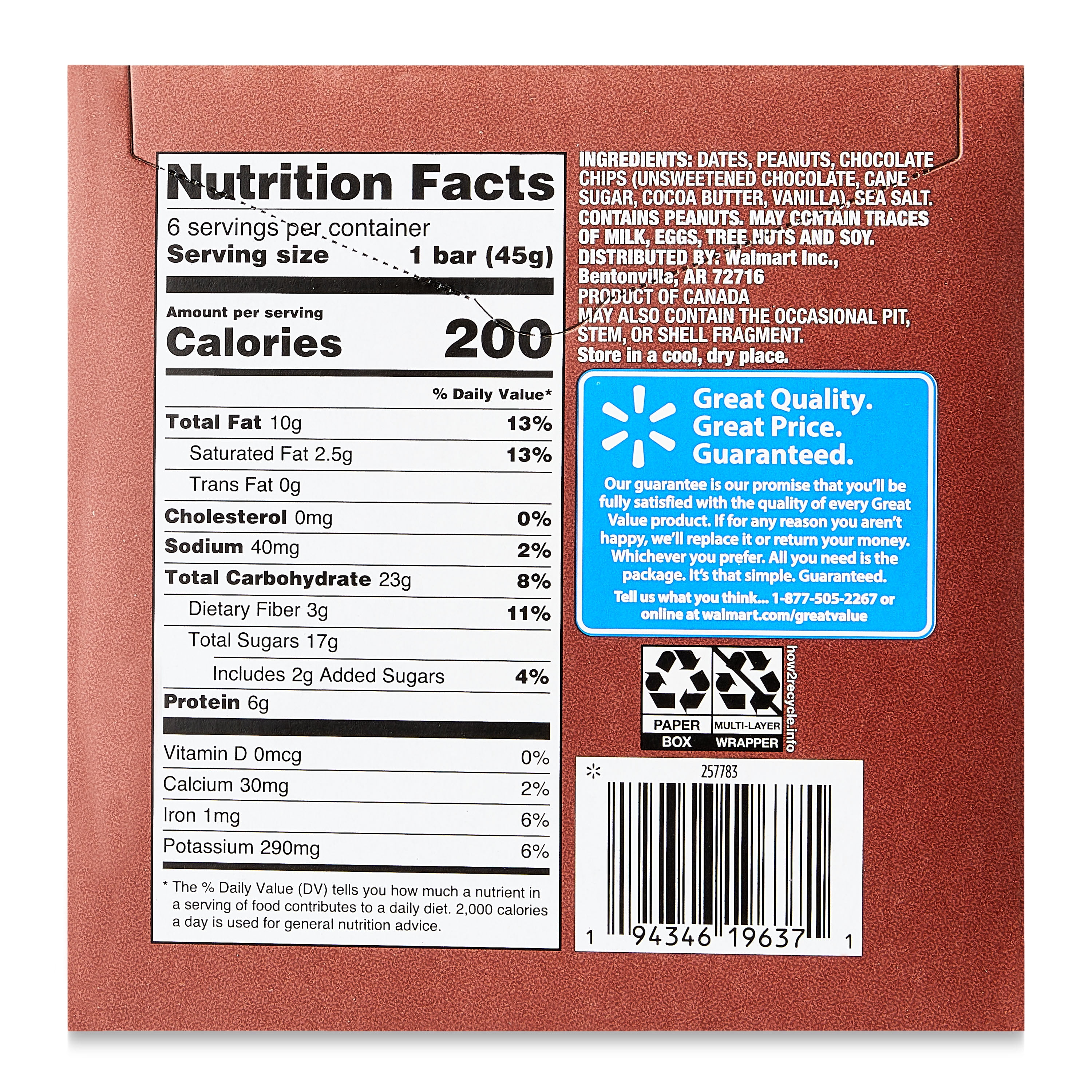 (3 pack) Great Value Peanut Butter Chocolate Chip Date & Nut Bars, 9.6 oz, 6 Count