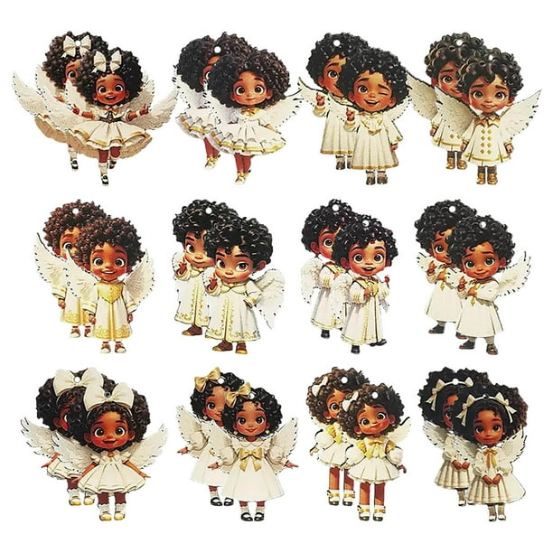 Adornos navideños, adornos navideños, juego de adornos de madera con la pequeña Angela sonriente de pelo negro rizado, árbol de Navidad latino Afro y colgante para ventana, juego de colgante de angeli