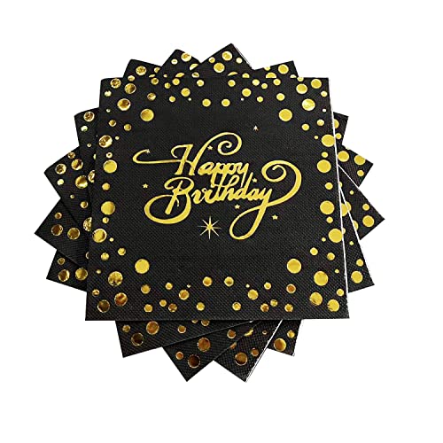 Black and Gold Birthday Paper Napkins, 100 Pack Square Party Beverage Cocktail Napkins with Gold