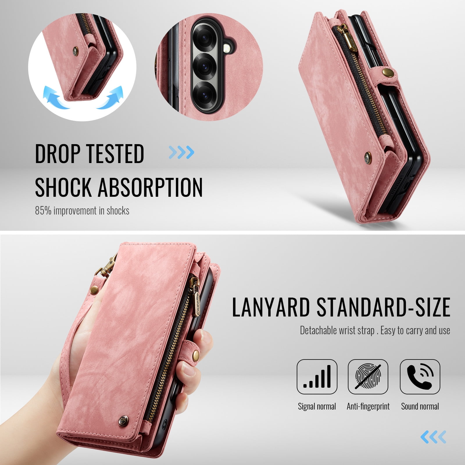 Feishell Durable 2- In-1 Magnetic Detachable Wallet Case for Samsung Galaxy Z Fold 7,for Women Men,Premium PU Leather Zipper Pocket Flip Multi Card Slots Purse Phone Case with Wrist Strap,Pink