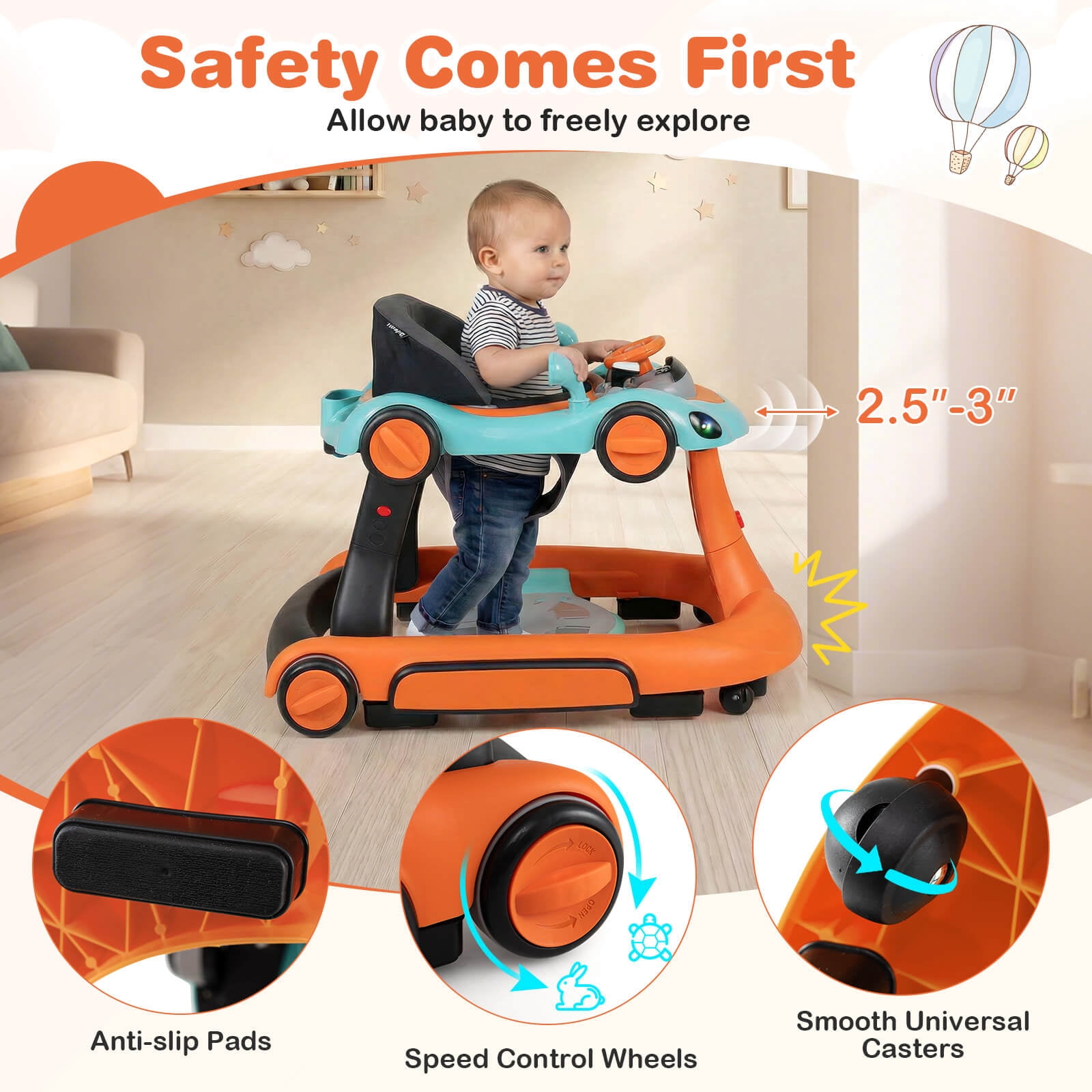 Babyjoy 6-in-1 Baby Walker with Canopy, Music, Lights, Speed/Height Adjustment & Wheels Green + Orange
