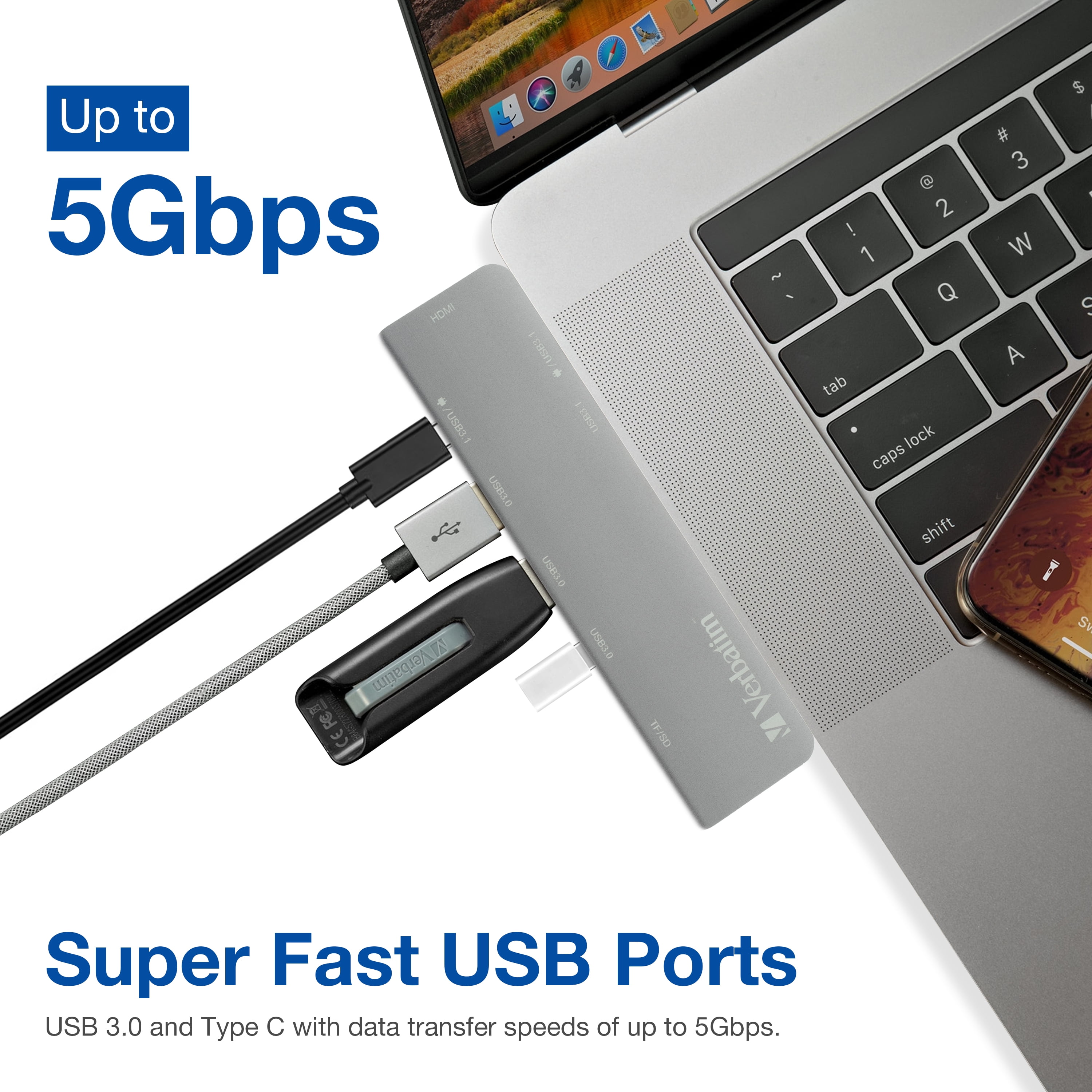 Verbatim® 7-in-2 USB C Hub Adapter/dock with 4K HDMI, 100W Power Delivery, USB 3.0, SD Card Readers for MacBook Pro and USB C Laptops