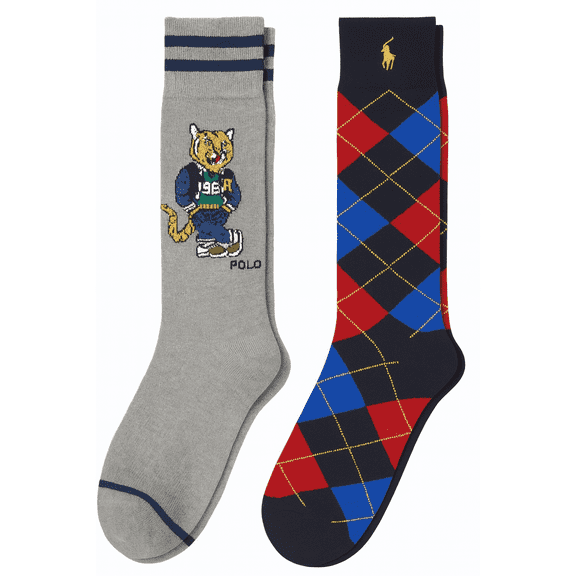 Polo Ralph Lauren Men’s Crew Socks 2-Pack, Tiger Mascot Graphic & Argyle Pattern