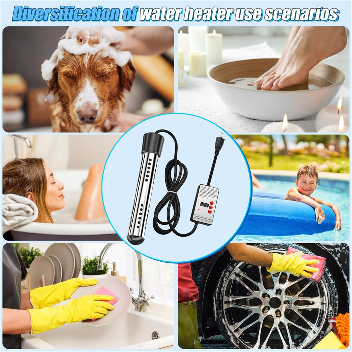 Water Heater,1500W Portable Electric 304 Stainless Heaters,for Pool Tub Buckets Motorhome Camping Outdoor Us Plug,1 x Water heater 1 x Thermometer 1 x Steel Wire Ball,Black