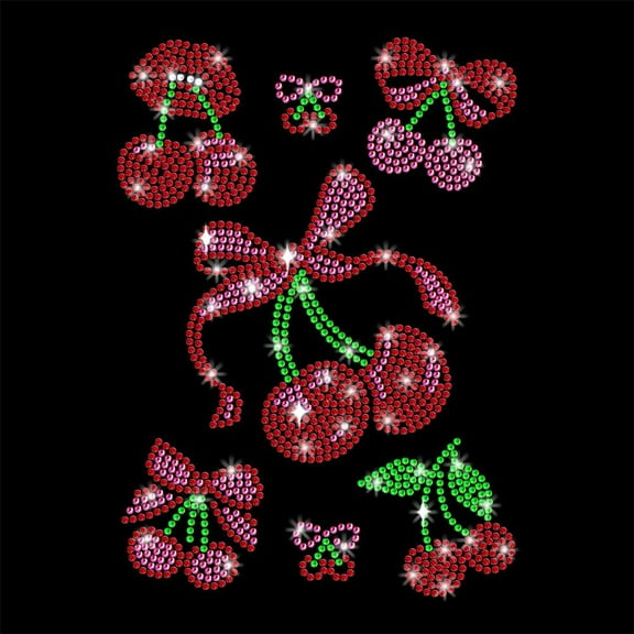 7 Pcs Cherry with Pattern Iron on Rhinestones Transfer Bling Clothing Repair Applique Heat Transfer Decal Heat Transfer Patch