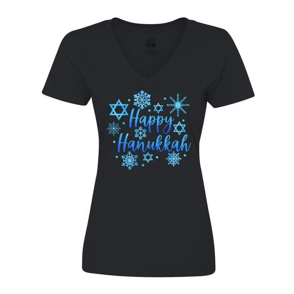 Inktastic Happy Hanukkah Blue Stars of David and Snowflakes Women's V-Neck T-Shirt