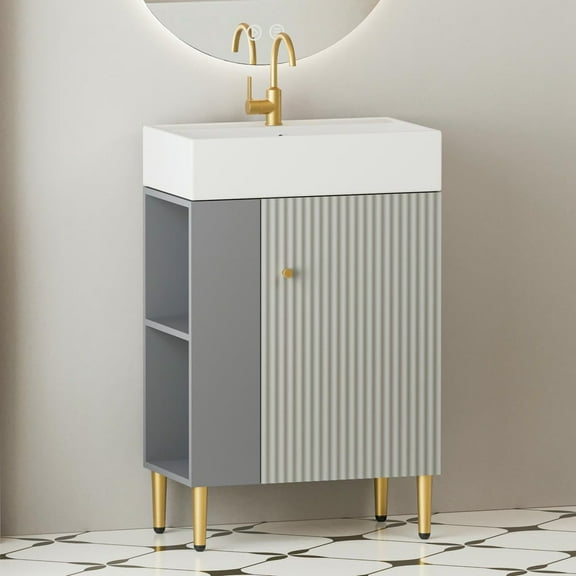 Spaco 21.6" Open-shelving Bathroom Vanity with Ceramic Sink and Soft-Closing Door, Cloakroom Open Shelf Storage Cabinet on the Left Side, Assembly Required, Gray