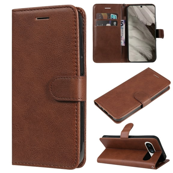 Nalacover Wallet Case for Google Pixel 8, Card Slots Holder Magnetic Clasp Premium Luxury PU Leather Flip Folio Cover with Kickstand Wrist Strap Soft Silicone Shockproof Case,Brown