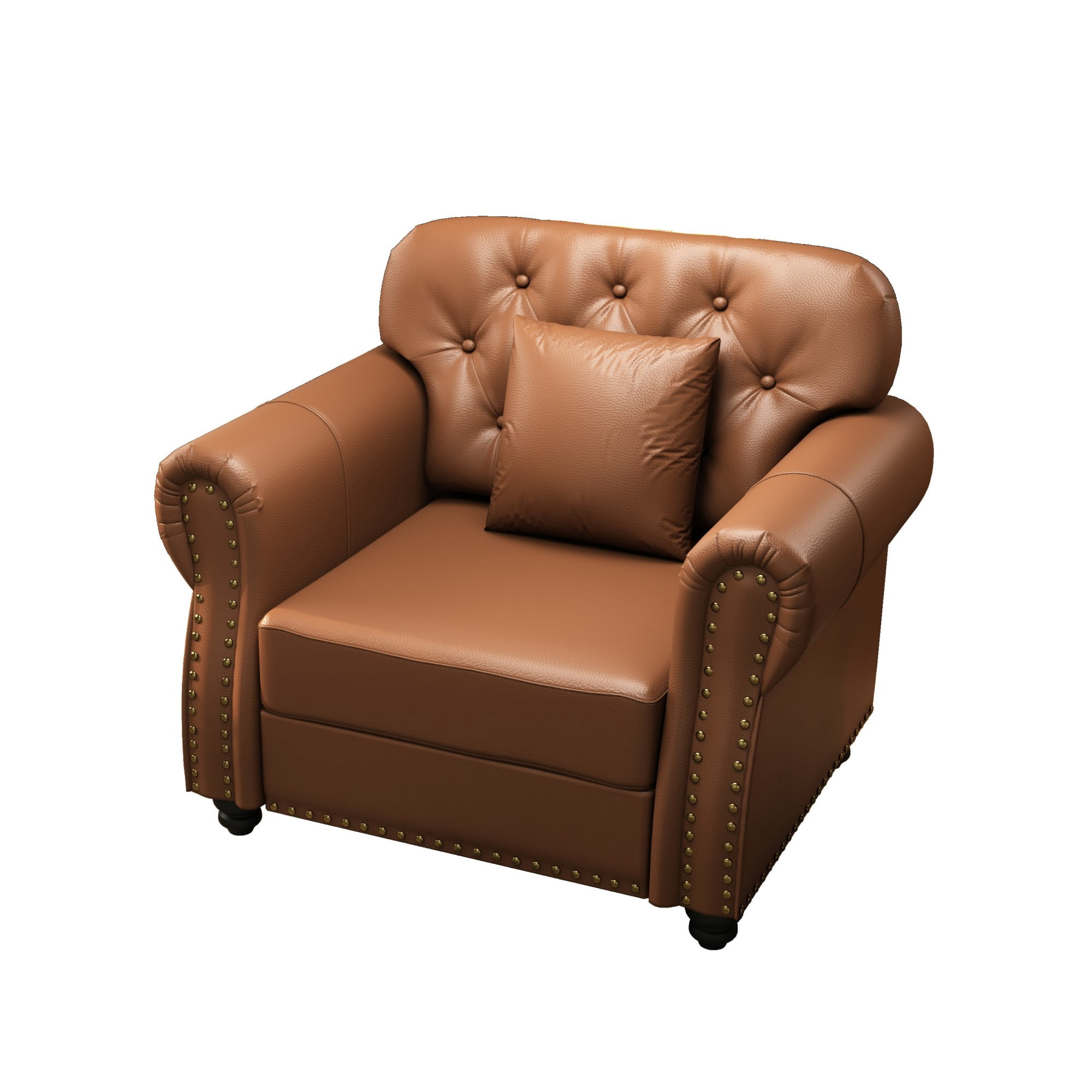 AENKYO 41.3" Faux Leather Chesterfield Chair, Mid-Century Tufted Accent Armchair with Nailhead Trim & Pillow, Brown