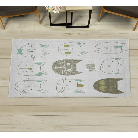 Cat Decorative Rug, Pets Moustache Bow Tie Hat Crown Fluffy and Fish Humor Faces Graphic, Quality Carpet for Bedroom Dorm and Living Room, 6 Sizes, Dark Taupe, by Ambesonne