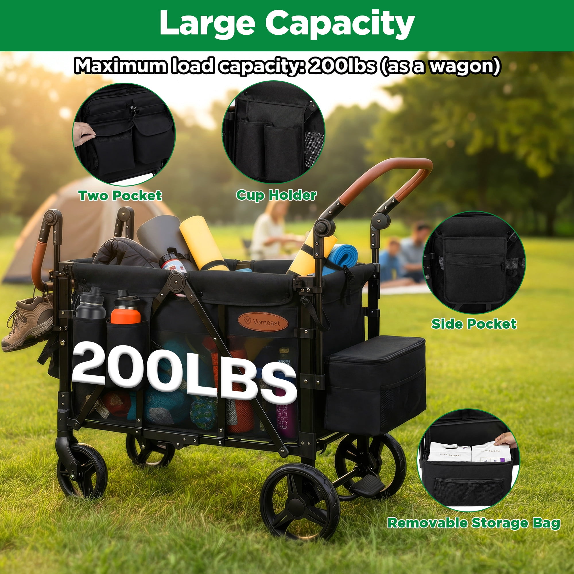 Vomeast Upgrade Wagon Stroller for 2 Kids, 2-Seater Outdoor Baby Stroller Wagon with Canopy, 5-Point Harness, Adjustable Handle(Black)