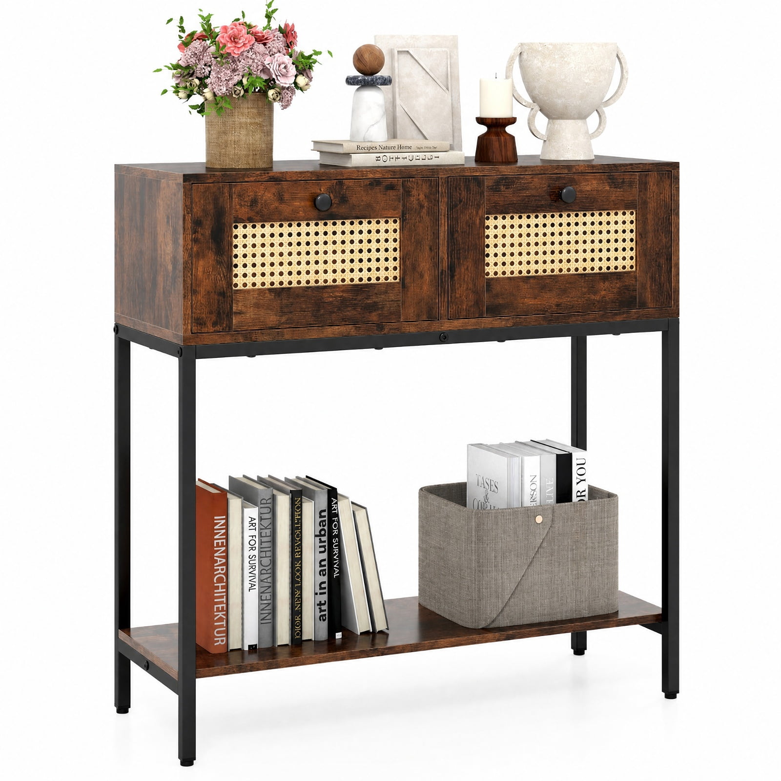 Furnibear Rattan Console Table Boho Entryway Table with 2 Rattan Drawers and Open Storage Shelf for Hallway Living Room, Rustic Brown