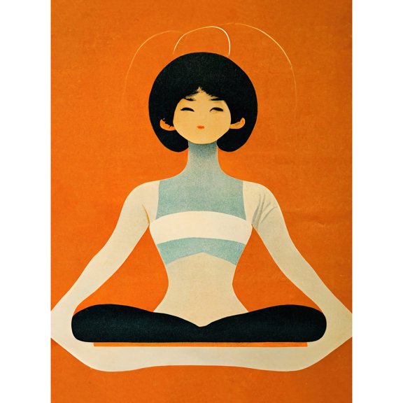 Peaceful Japanese Woman In Yoga Pose Orange Black Quirky Unframed Wall Art Print Poster Home Decor