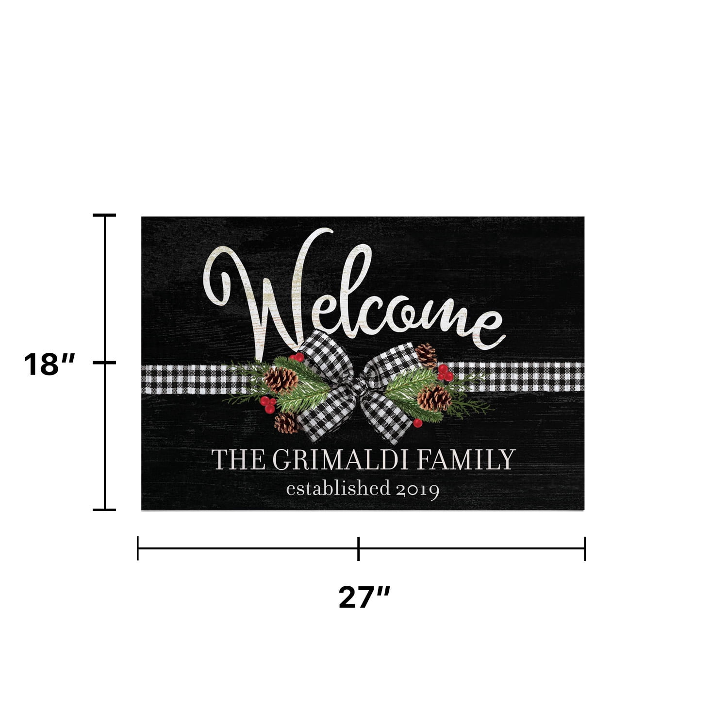 Personalized Planet 27x18 Plaid Christmas Bow and Pine Welcome Doormat with Custom Personalization Printed on Black Rectangular 1/8” Thick Non Slip Mat for Kitchen Hallway Deck or Porch