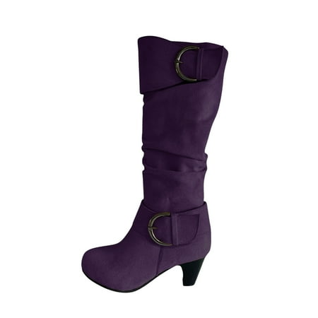 

jsaierl Women s Winter Warm High Heel Straight Leather Belt Buckle Suede Thick Heel Knight Boots
