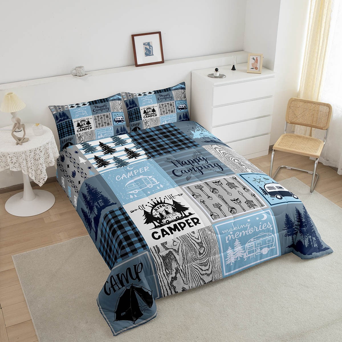 Erosebridal Camper Comforter Set Full Happy Camping Bedding Set Rv Bunk Accessories Comforter For Travel Trailers,Blue Grey Rustic Buffalo Plaid Arrow Pine Tree Quilt Duvet