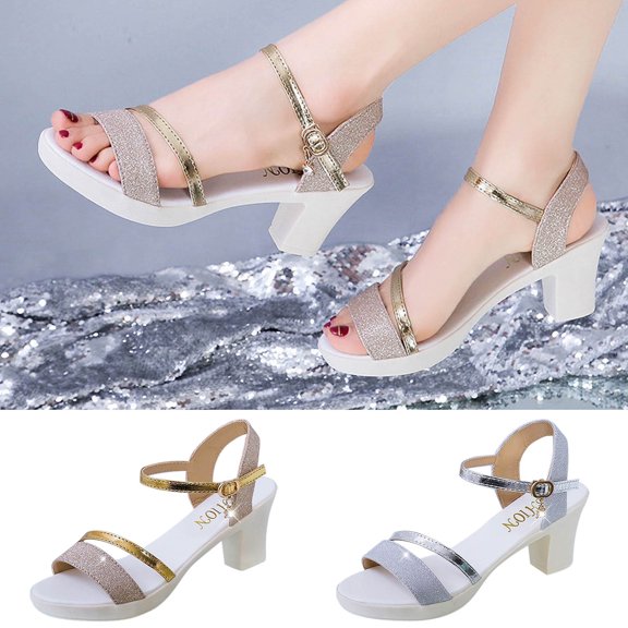 Jacenvly 2024 New Thick Heeled Rhinestone Sandals Straight Buckle High Heels Sandals Gold Sandals for Women