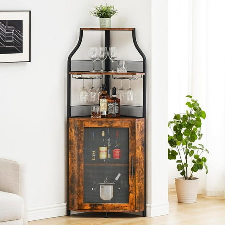Corner Wine Cabinet with Detachable Wine Rack 5-Tier Industrial Corner Bar Cabinet with Barn Door and Glass Holder Farmhouse Buffet Cabinet and Home Bar Rustic Brown