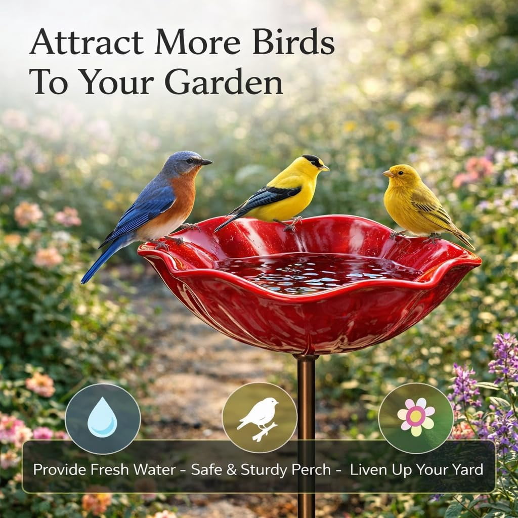 Handmade Metal Flower Garden Stake, with Bee Bath & Bird Water Bowl Decorative Outdoor Yard Art, Butterfly & Pollinator Watering Station, Weather-Resistant Decor Gift