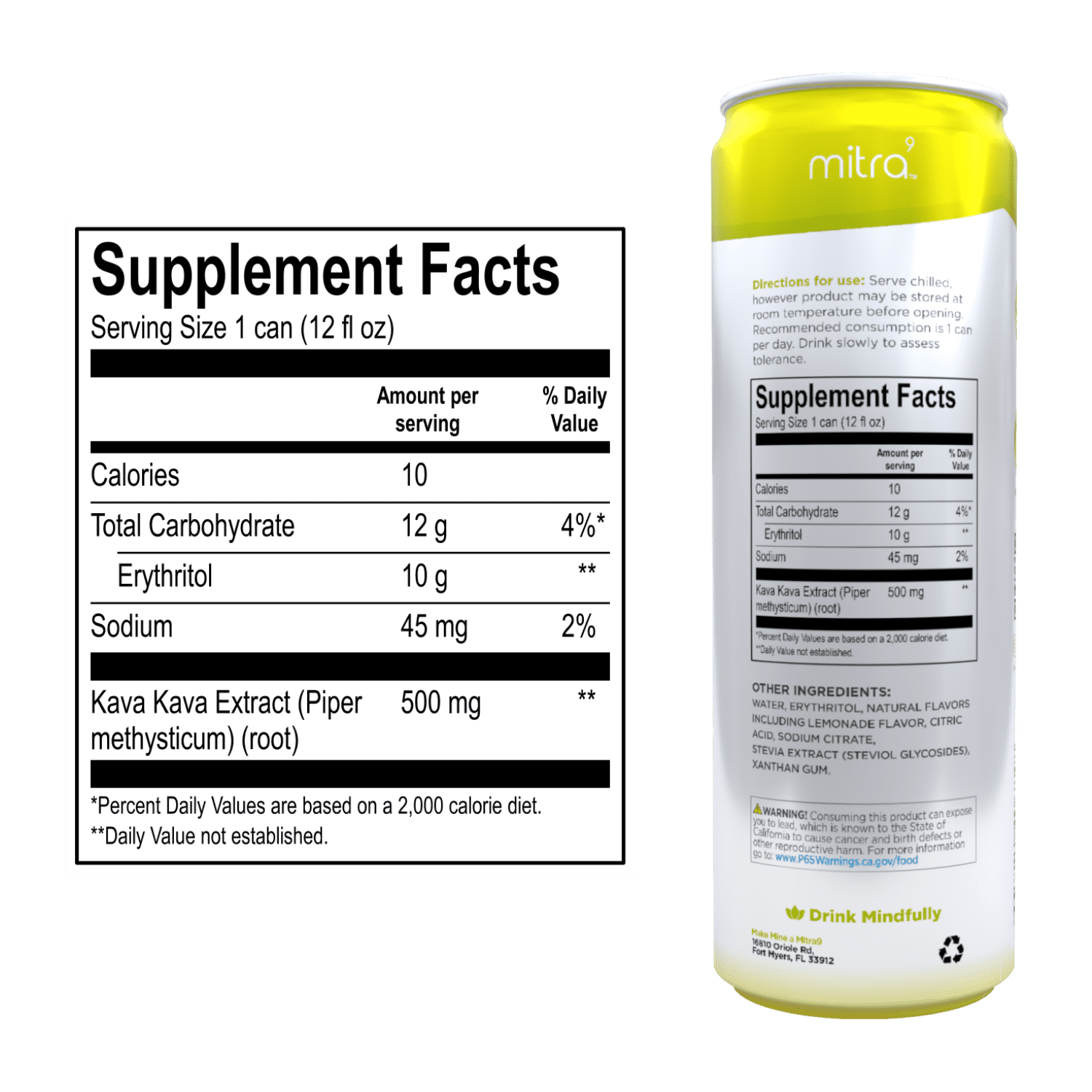 Mitra-9 Botanical Beverages - Plant Based Sparkling Drink with Kava Root Extract - Mood Enhancer - Promotes Natural Calm & Clarity (12 Fl. Oz) - Lemonade