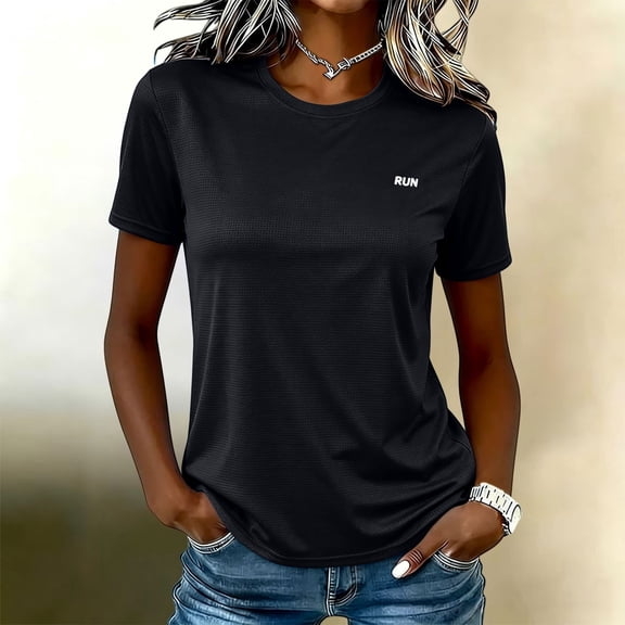 Womens Running Shirts Summer Crewneck Short Sleeve Basic Tee Breathable Slim Dry Fit Shirts Workout Tops Athletic Sports Tshirts, Black L