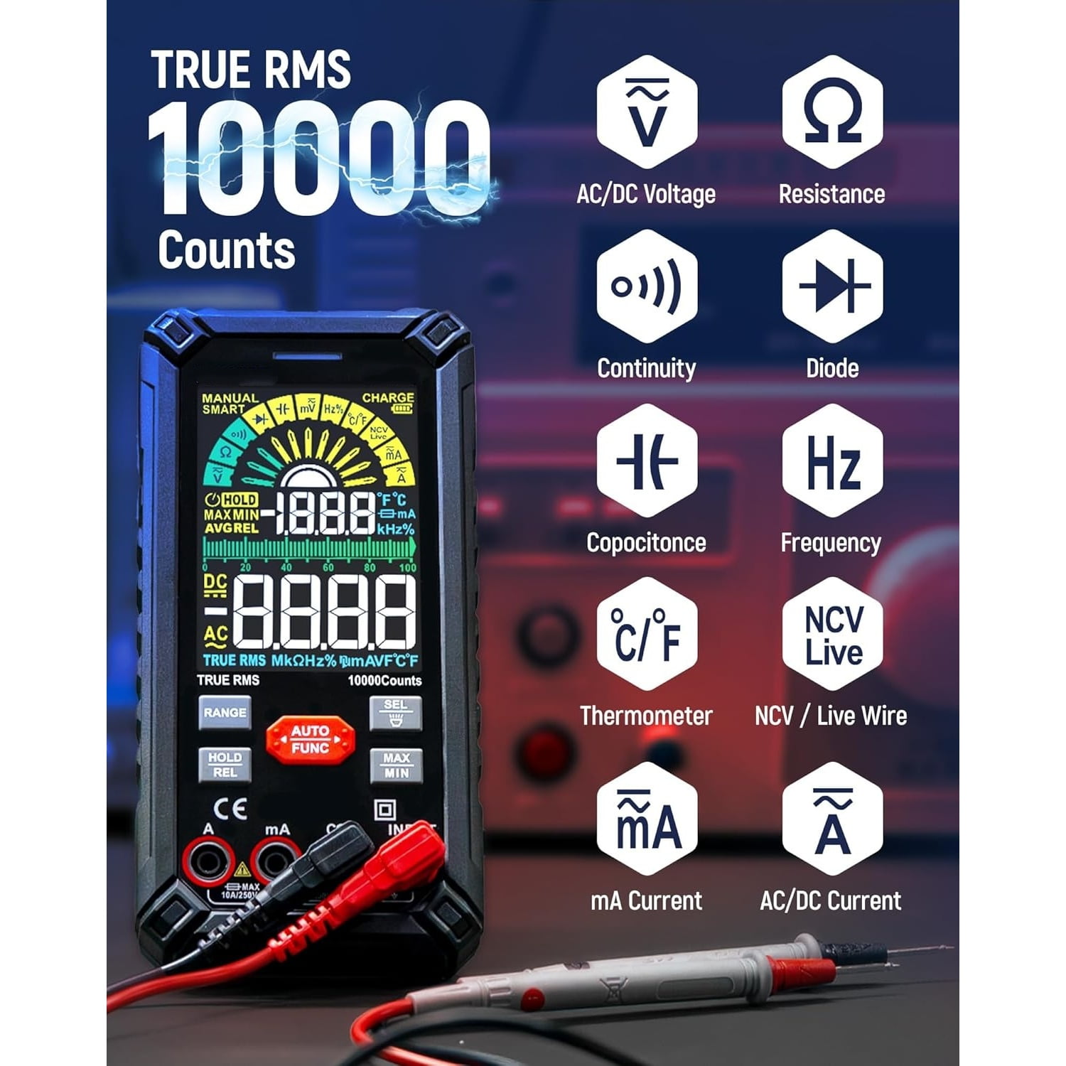 Digital Multimeter 10000 Counts TRMS Auto Ranging, Rechargeable Smart Multimeter, Color LCD Screen Volt Meter, Measures Voltage, Current, Resistance, Continuity, Capacitance, Frequency