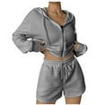 thumbnail image 6 of Usmixi 2 Piece Outfits for Women Front Zip Hooded Coat 2 Piece Sets Casual Solid Drawstring Elastic Waist Shorts Outfits Sets Sports Running Lounge Sets Tracksuits Sets with Pocket Holiday, 6 of 7