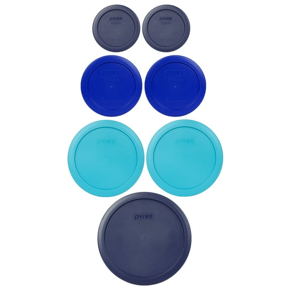 Pyrex (2) 7202-PC Dark Blue, (2) 7200-PC Cadet Blue, (2) 7201-PC Surf Blue, and (1) 7402-PC Dark Blue Plastic Lid