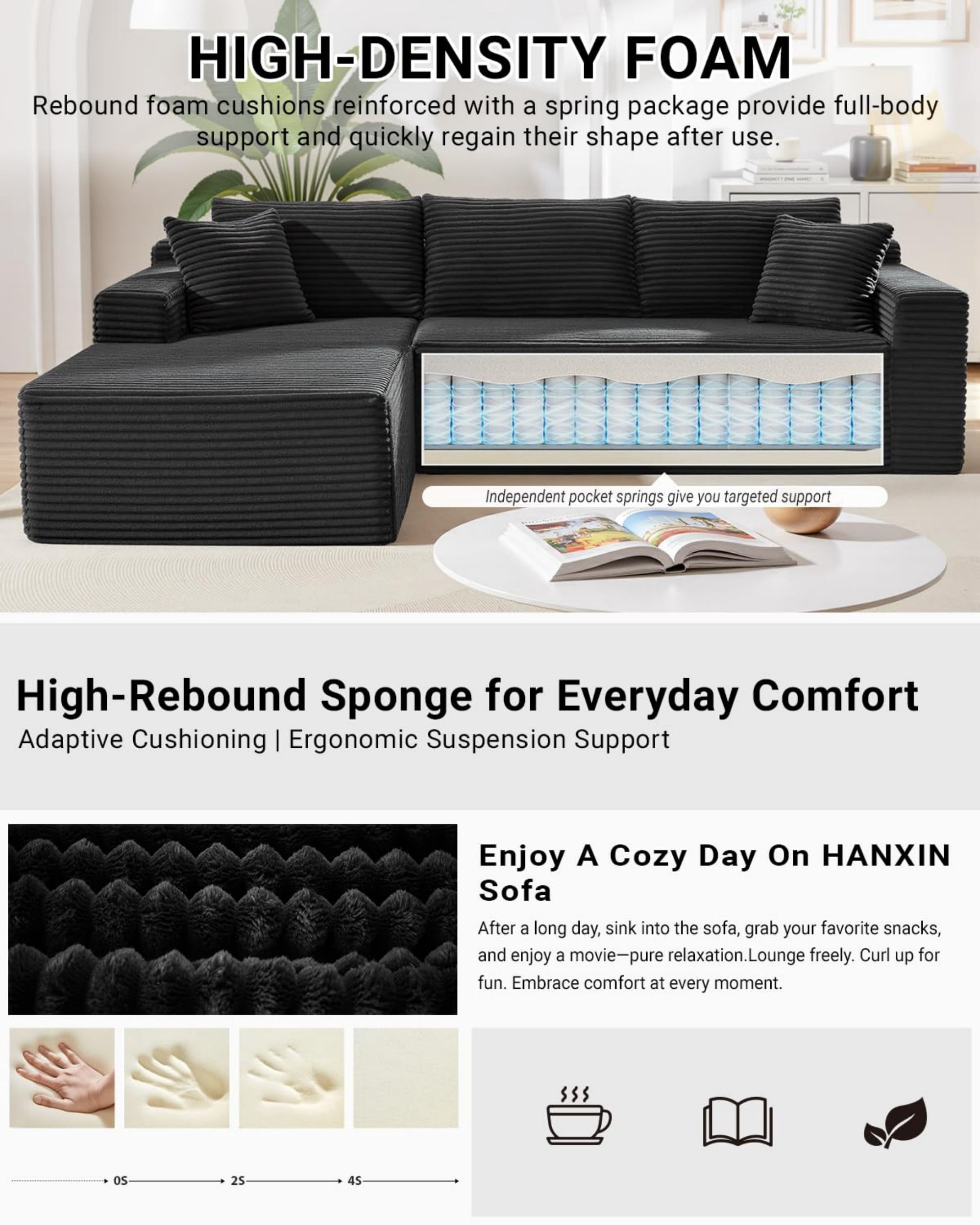 Aukfa 107" Cloud Modular Sectional Couch with Left-Facing Chaise, Corduroy Deep Seat Boneless Sofa for Living Room, Apartment, Black