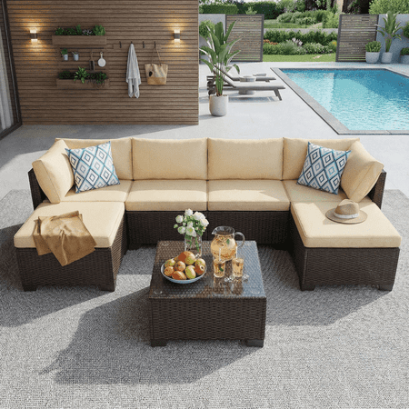 Aiho Outdoor Patio Furniture Set with All Weather Pe Rattan, 7- Piece Outdoor Sectional Sofa with Soft Chshions and Coffee Table, For Garden, Patio, Porch, Pool, Balcony, Backyard – Beige