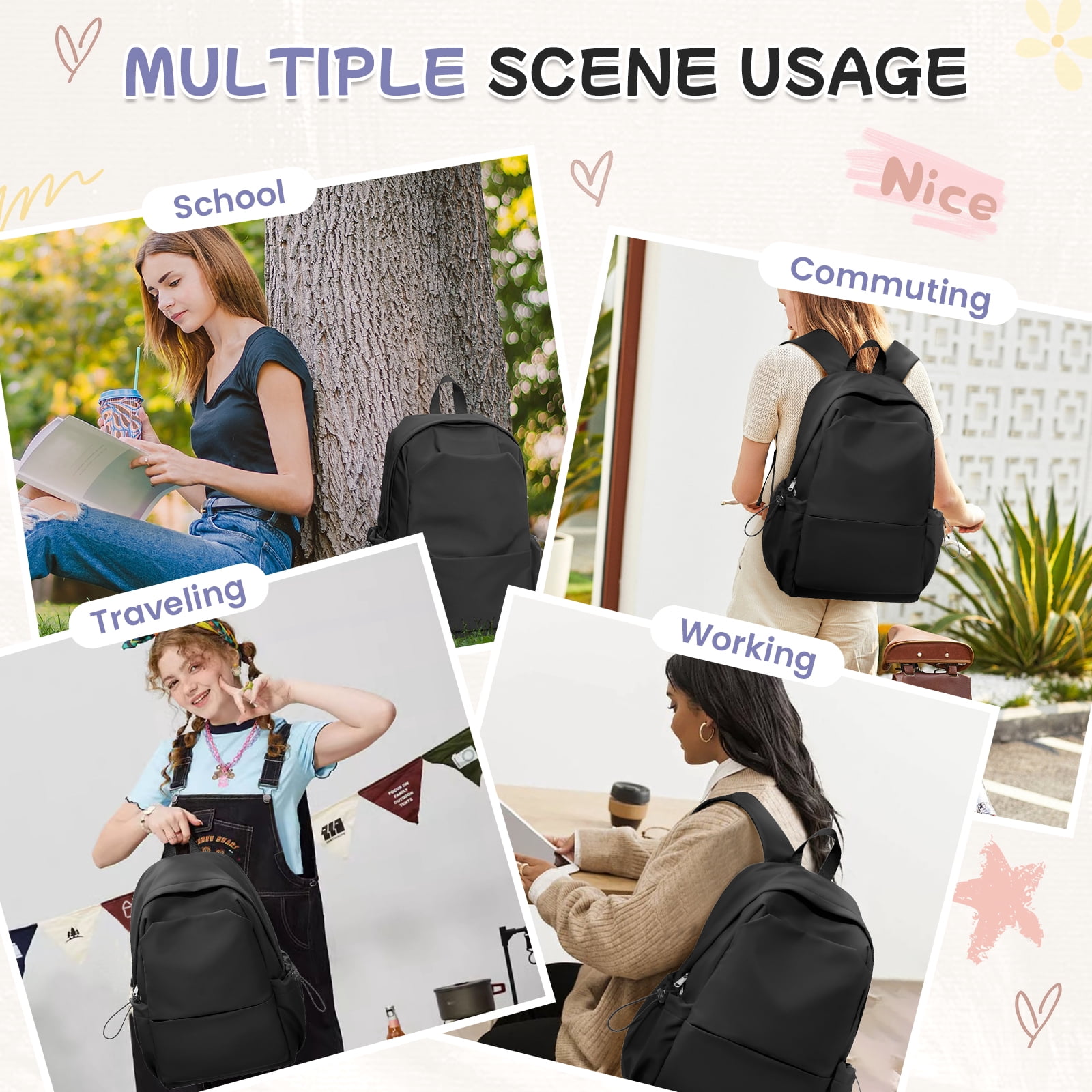 Backpacks for Women Men School Bag Cute Backpack for College Students Lightweight Backpacks Book Bags Waterproof Gym Backpack Simple Laptop Backpack Casual Daypack Black