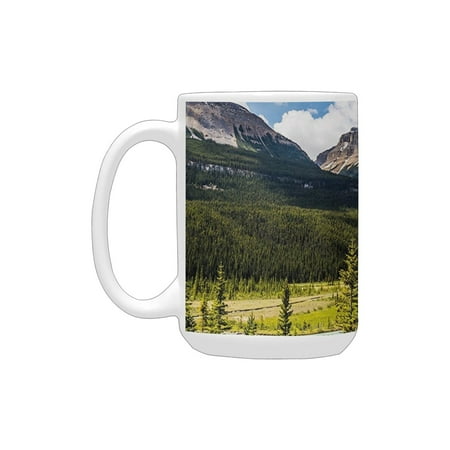 

Americana Landscape Decor Canadian Cliffs High Tops and Ranges in Spring Day Panorama Image Green Bl Ceramic Mug (15 OZ) (Made In USA)