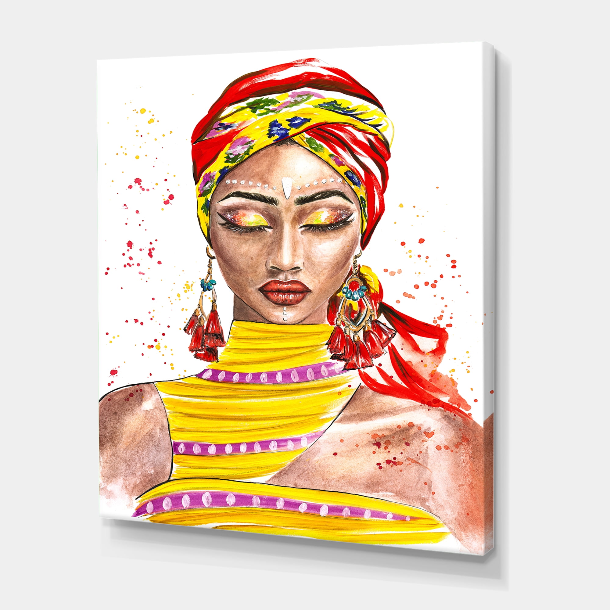 Designart ' Exotic Colorful Portrait of Afro American Woman ' Traditional Canvas Wall Art Print
