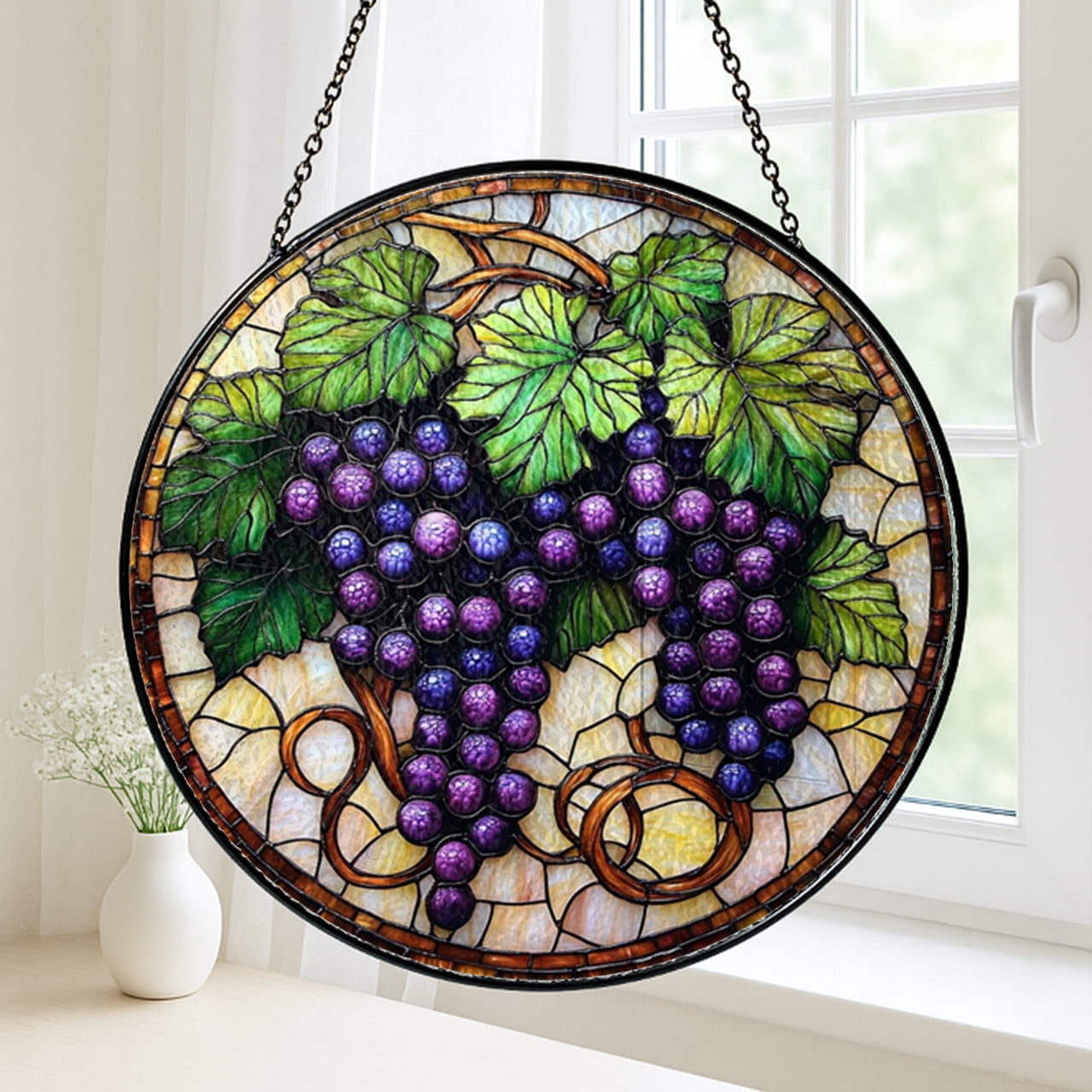 Vintage Vineyard Style Grape Window Hanging – Stained Glass Art