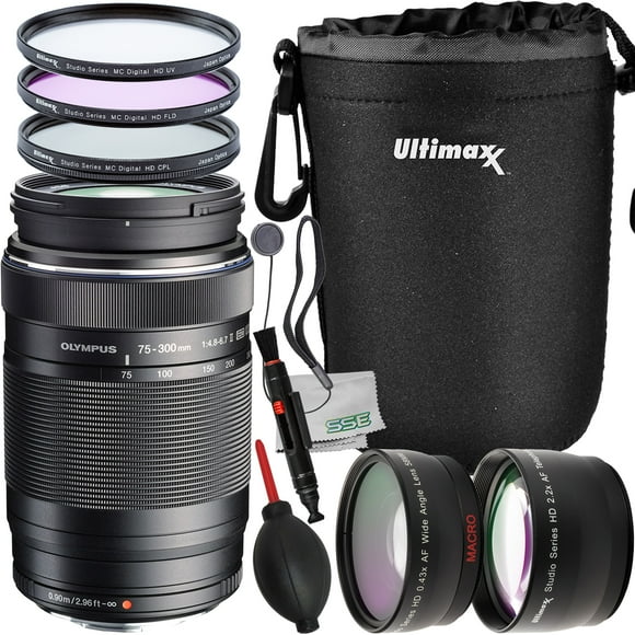 Ultimaxx Essential Olympus 75-300mm f/4.8-6.7 II Lens Bundle: Water-Resistant Lens Pouch, 0.43x Wide-Angle Lens Attachment with Detachable Macro & Much More (13pc Bundle)