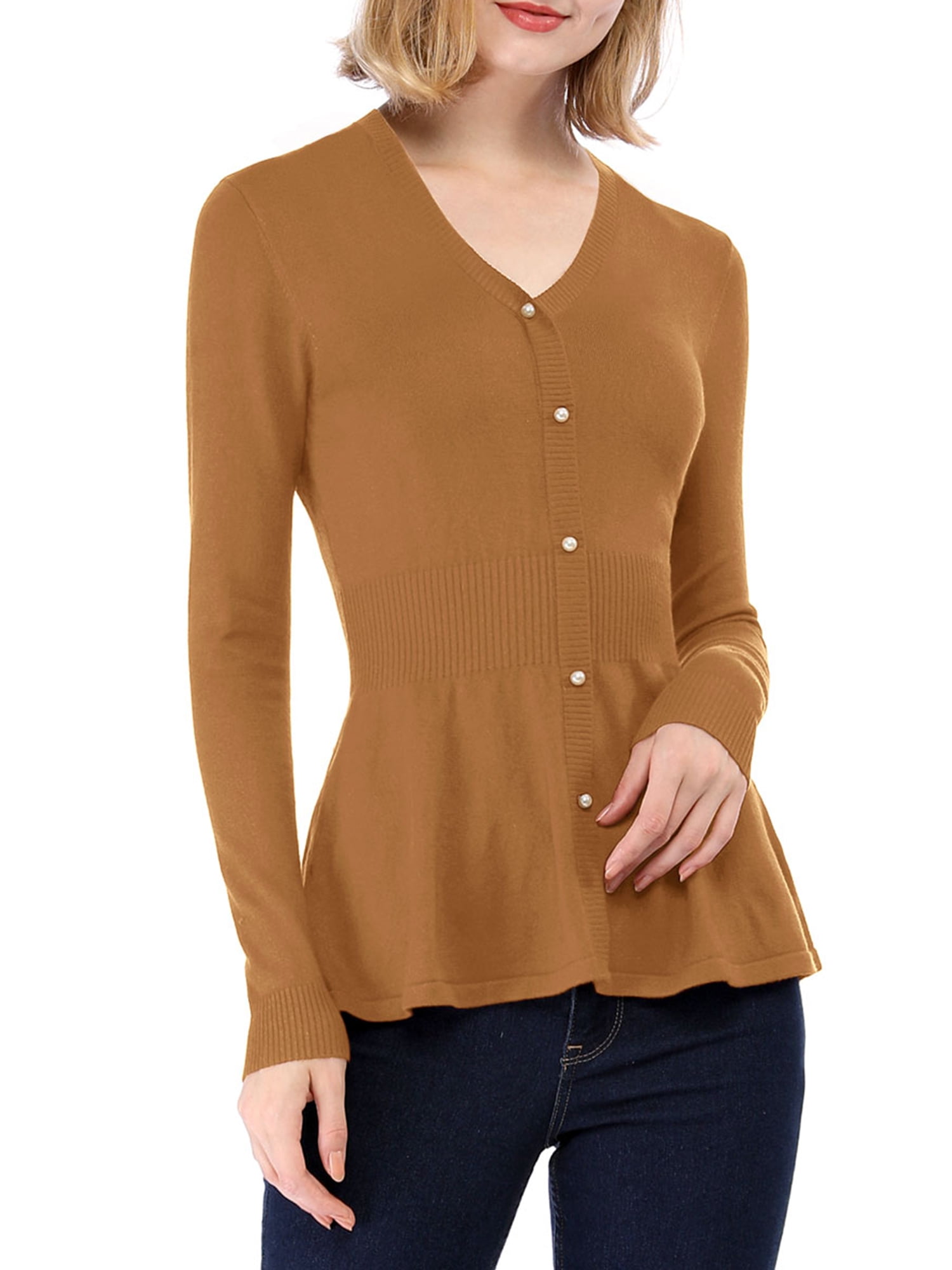 DARING DIVA Women's Peplum Top Smocked Long Sleeve Knit Sweater S Brown