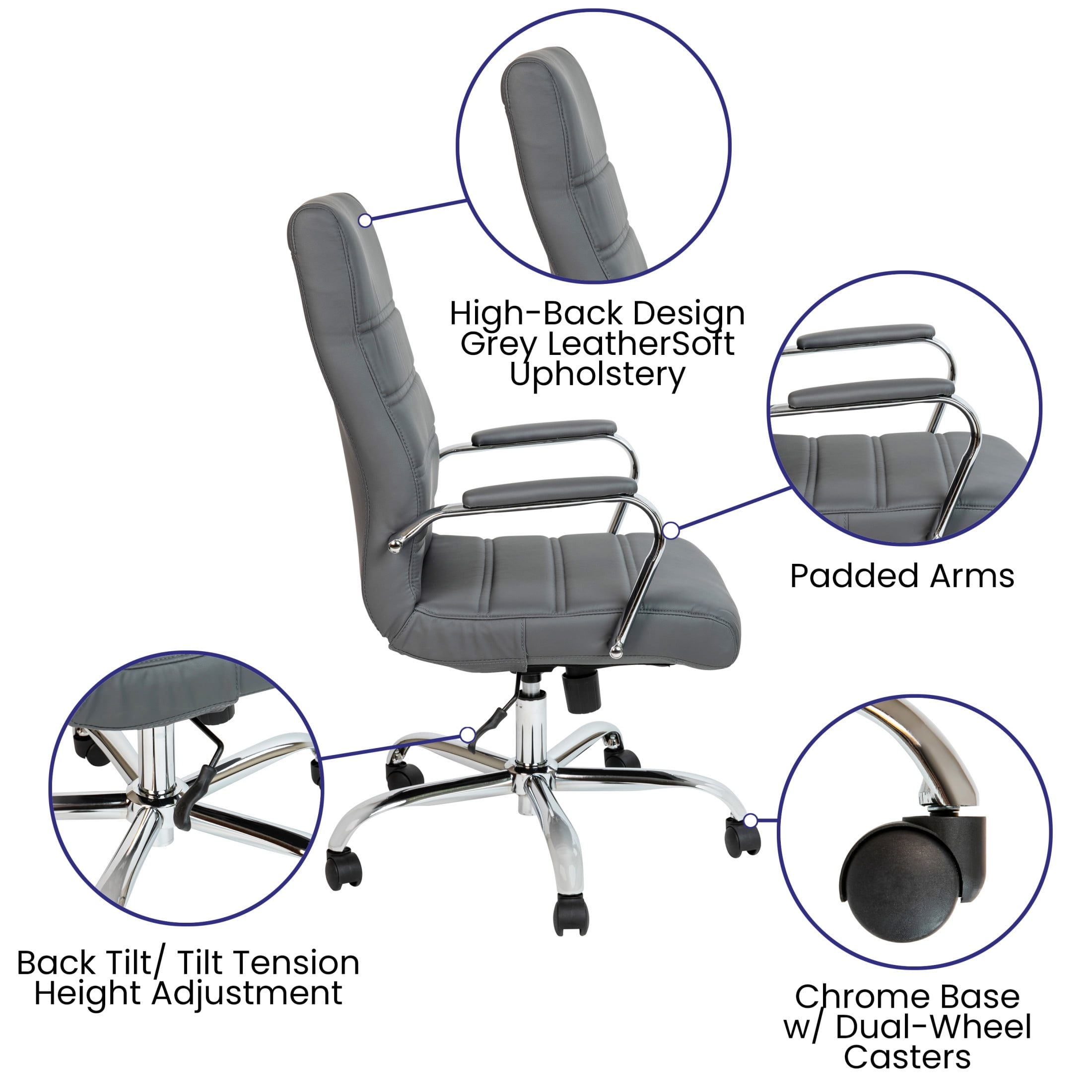 Flash Furniture Whitney High-Back Swivel LeatherSoft Desk Chair with Armrests, Gray/Chrome