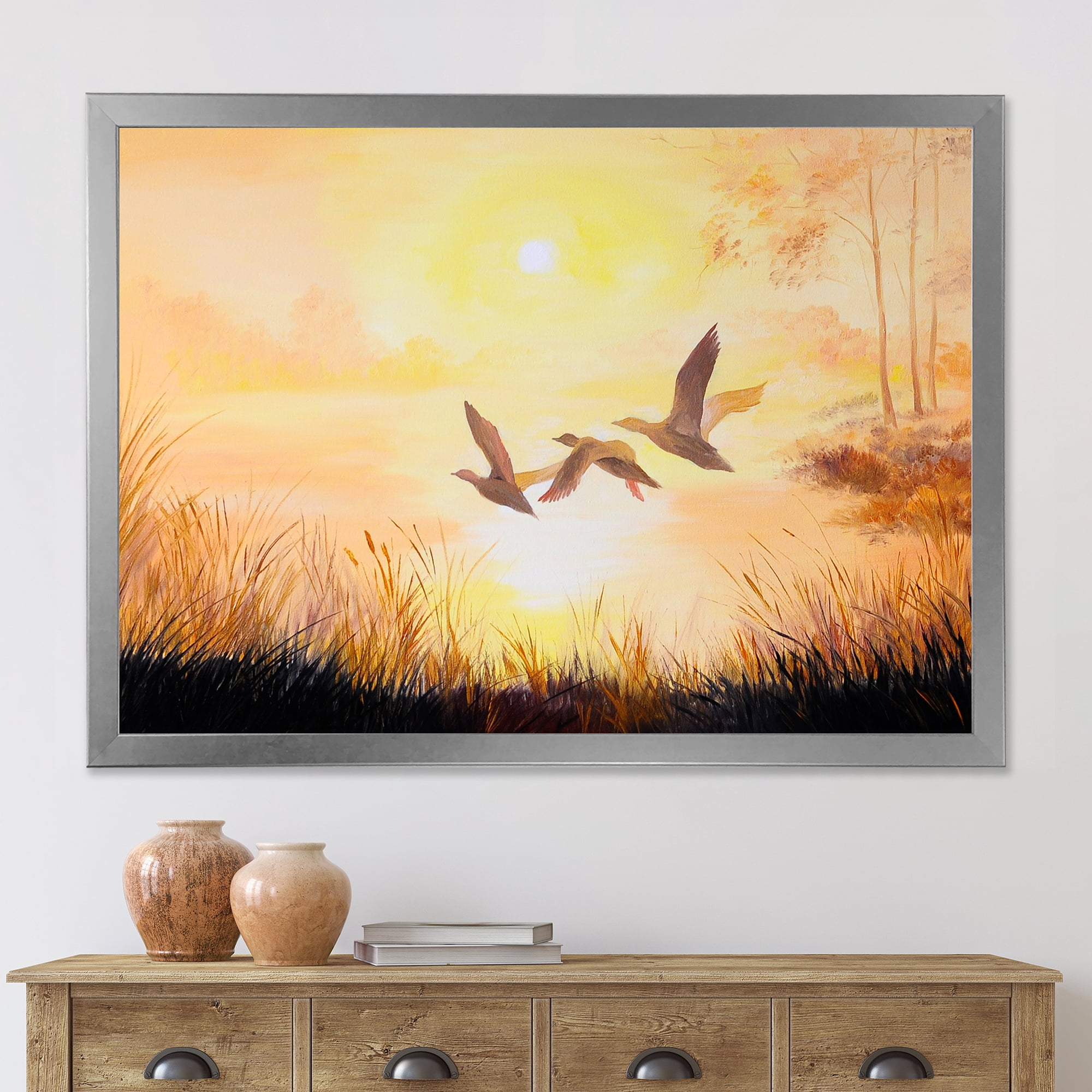 Designart 'Three Cranes Flying Through Warm Sunset' Traditional Framed Art Print
