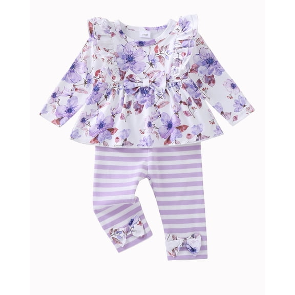 2T Baby Girls Clothes 3T Girls 2PCS Floral Outfits Set Toddler Girls Long Sleeve Flower Top Stripe Pants Clothing Set Purple