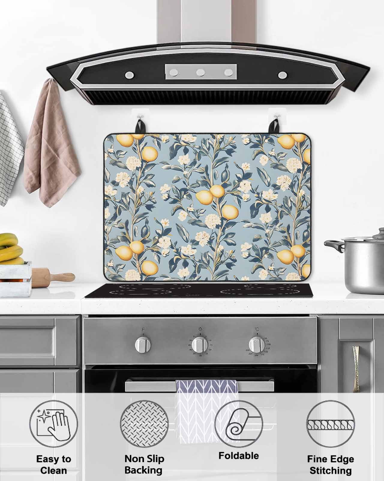 nqOlkjepod Large Induction Cooktop Protector Mat 24"x21", Lemon Leaves Stove Top Covers for Electric Stove, Watercolor Blue Vintage Flower Floral Stove Burner Cover Mats, Glass Top Stove Cover