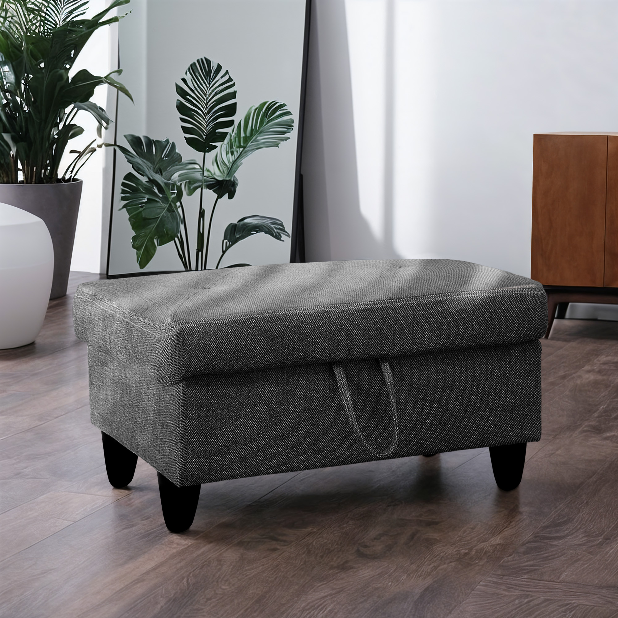 WRTEYEUI Ottoman Rectangular Storage Ottoman Bench, Flannel Footrest Stool Footstool with Lid for Living Room, Bedroom, Entryway, Black Gray, 28.5"x19"x17.5"