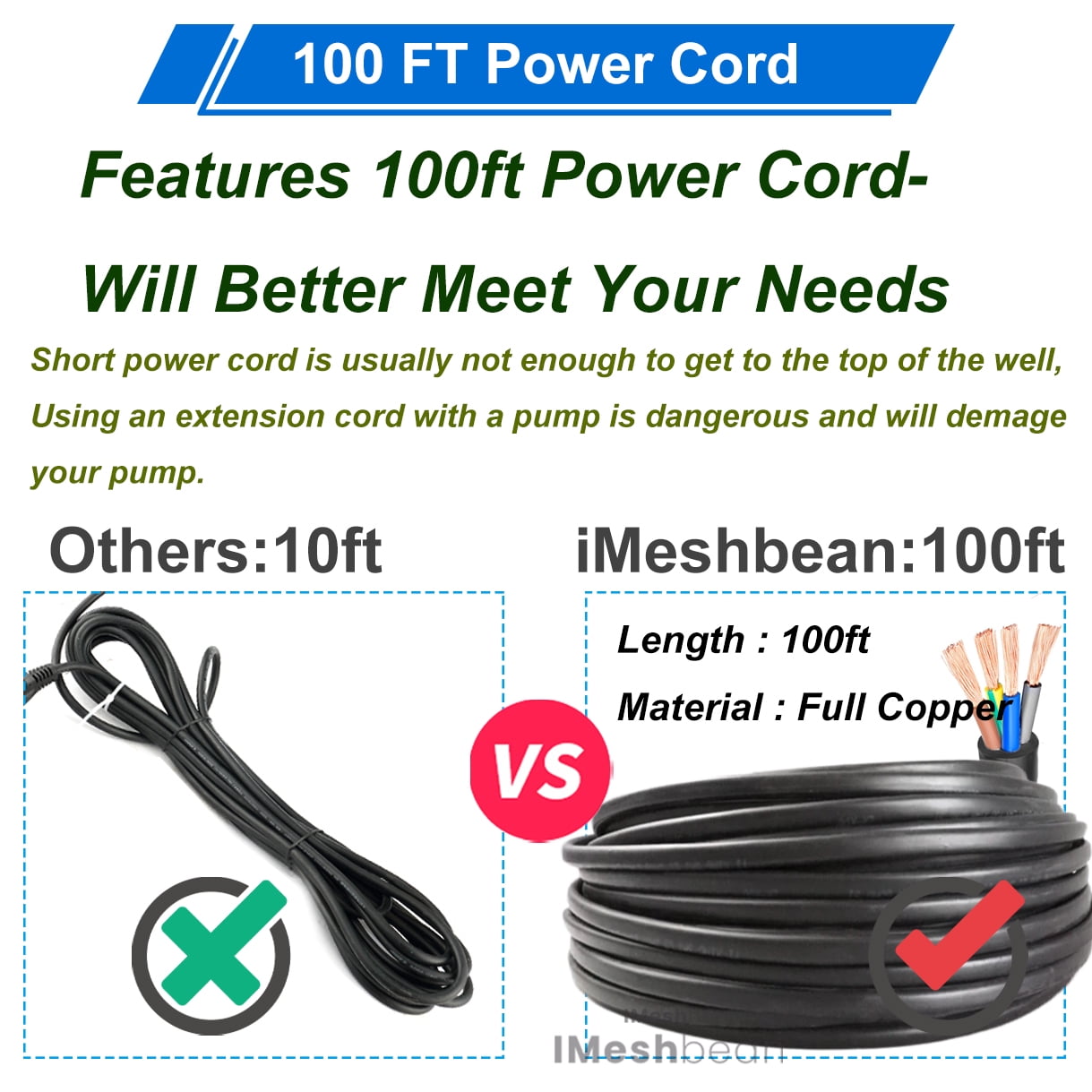 iMeshbean 3" Deep Submersible Well Pump 3/4 HP Submersible Well Pump 110V 13GPM Water Pump 247ft Head with 100ft Electric Cable Stainless Steel Water Well Pumps Submersible