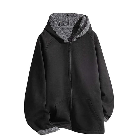 Men's Polar Fleece Hoodie with Pockets Winter Warm Full Zip Solid Color Long Sleeve Hooded Sweatshirts for Men (Black M)