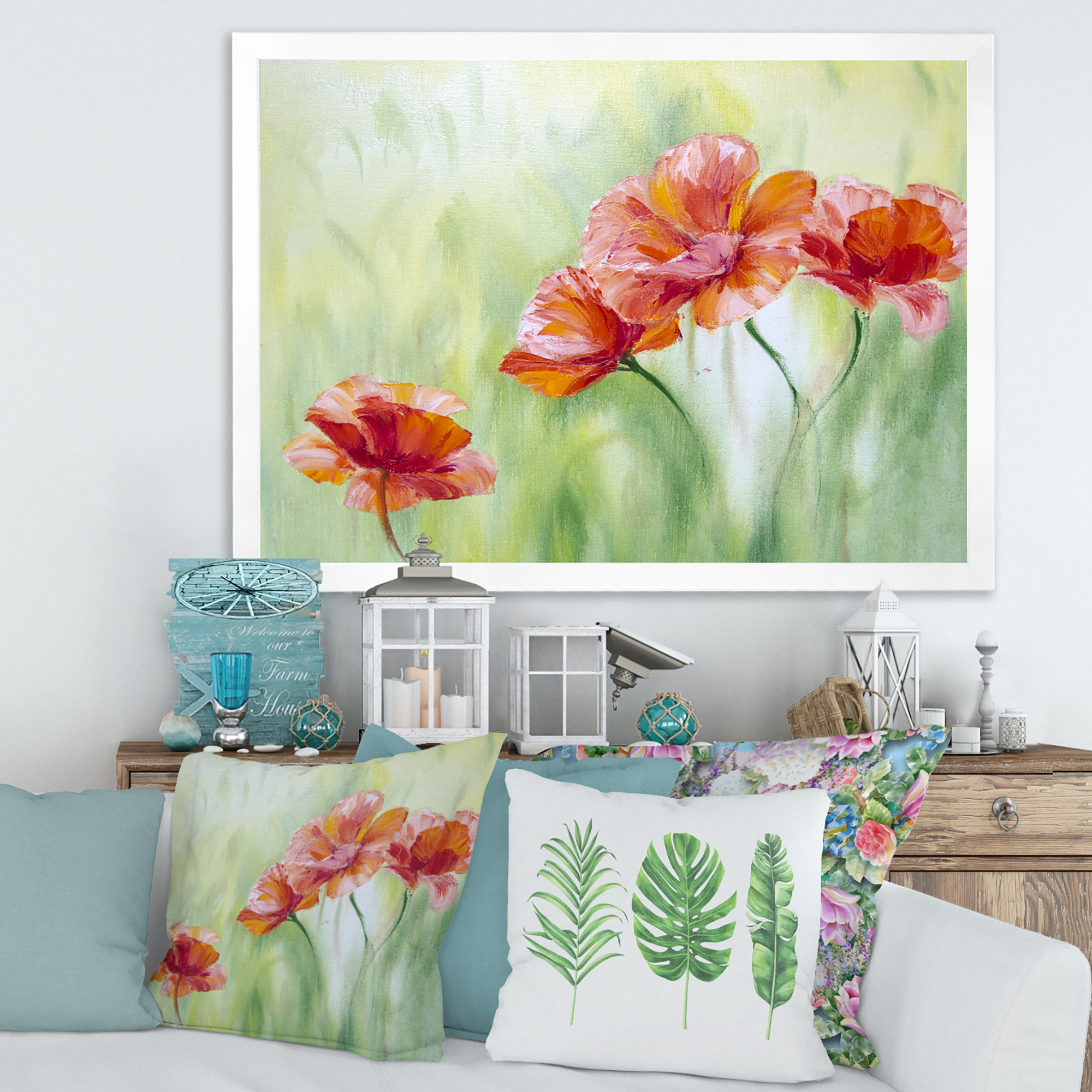 Designart 'Red Blossoming Poppies Over Wild Green I' Traditional Framed Art Print