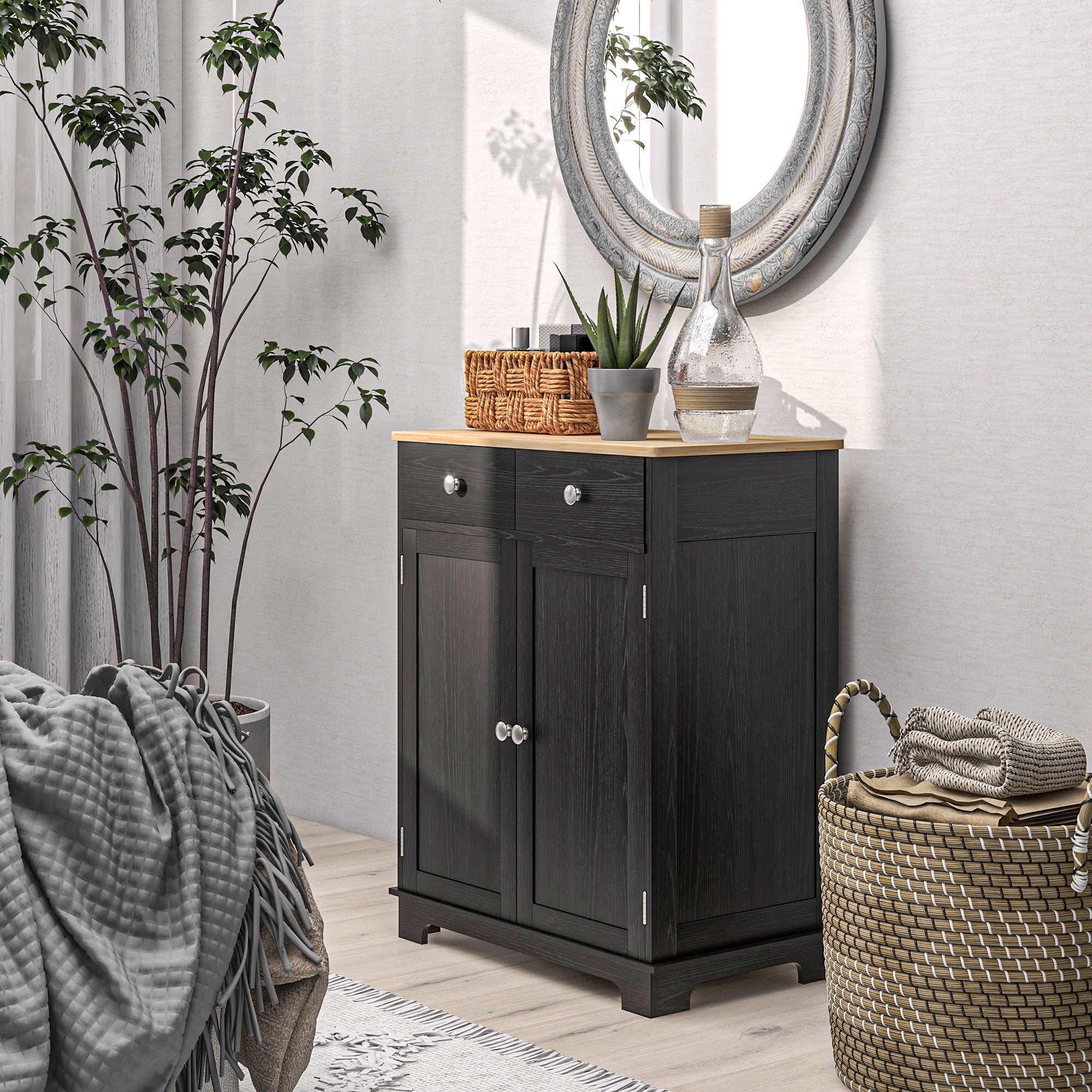 HOQBN Storage Sideboard Cabinet with Solid Wood Top, Adjustable Shelf and 2 Drawers, Multipurpose Buffet Furniture for Kitchen, Dining Room and Living Room, Distressed Black