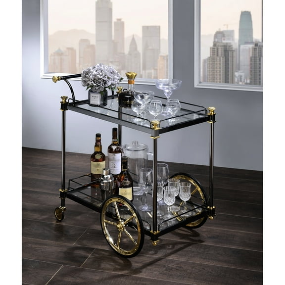 Clear Glass Serving Cart With Metal Frame - Black/gold Accents, Spacious Interior Modern Tempered Shelves, Ideal For Entertaining Spaces