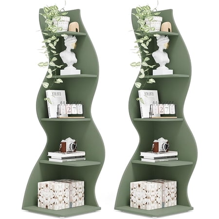 Tribesigns 2PCS Corner Shelf 5-Tier Wall Corner Bookshelf Stylish Corner Bookcase for Living Room Home Office Small Space Green