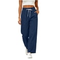 thumbnail image 3 of Women's Cotton Linen Pants Drawstring Elastic Waist Pockets, Solid Color Loose Soft Fit Casual Long Straight | VerBelle,Navy XL, 3 of 8