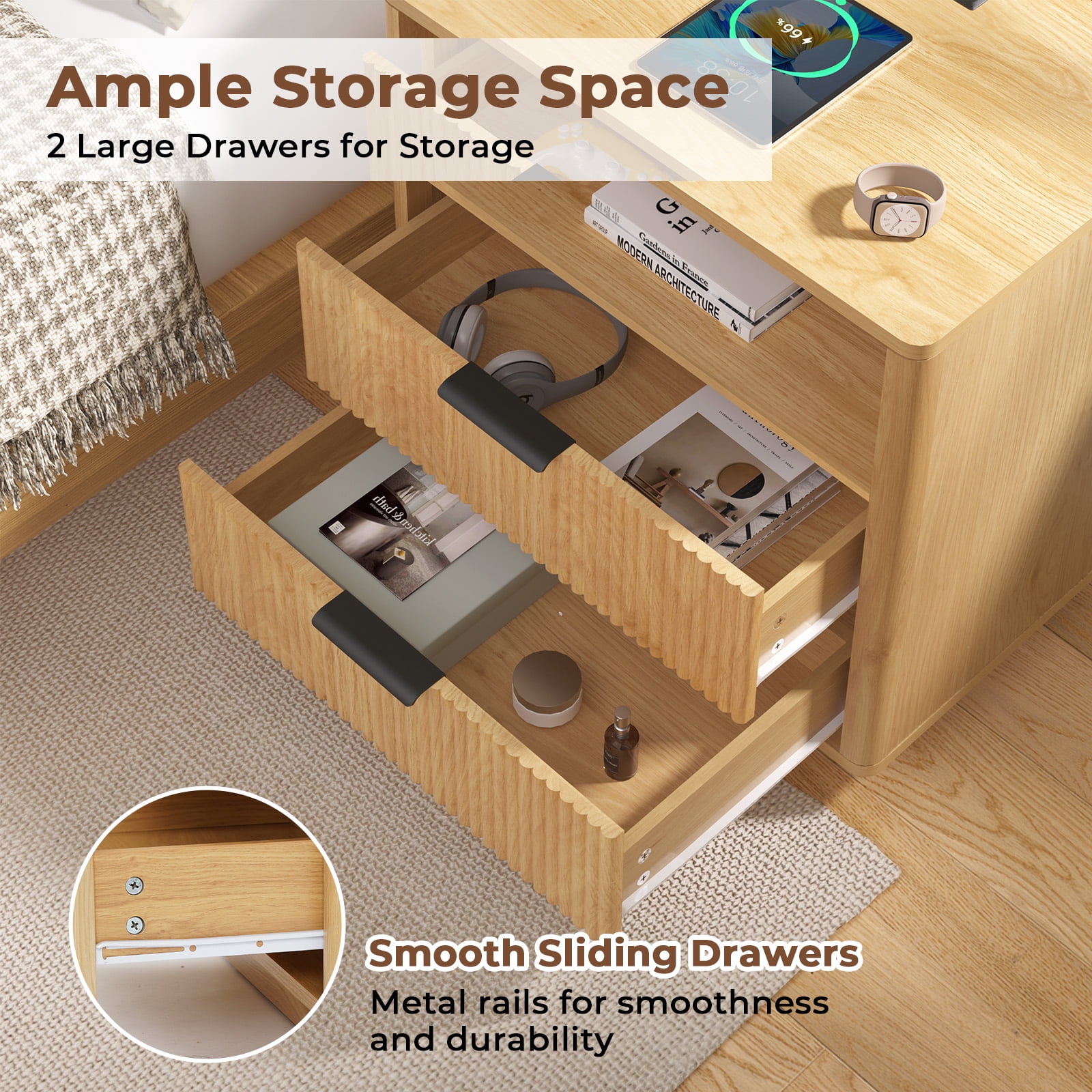 Hommpa Fluted Nightstand, 2 Drawers Bed Side Table with Charging Station, Modern End Side Table for Bedroom Furniture Living Room Sofa, Night Stand with Storage Drawers and Open Shelf